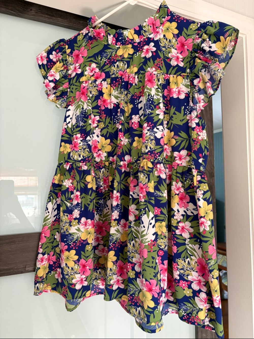 JODIFL Navy Floral Tiered Blouse with Pink & Yellow Blooms
